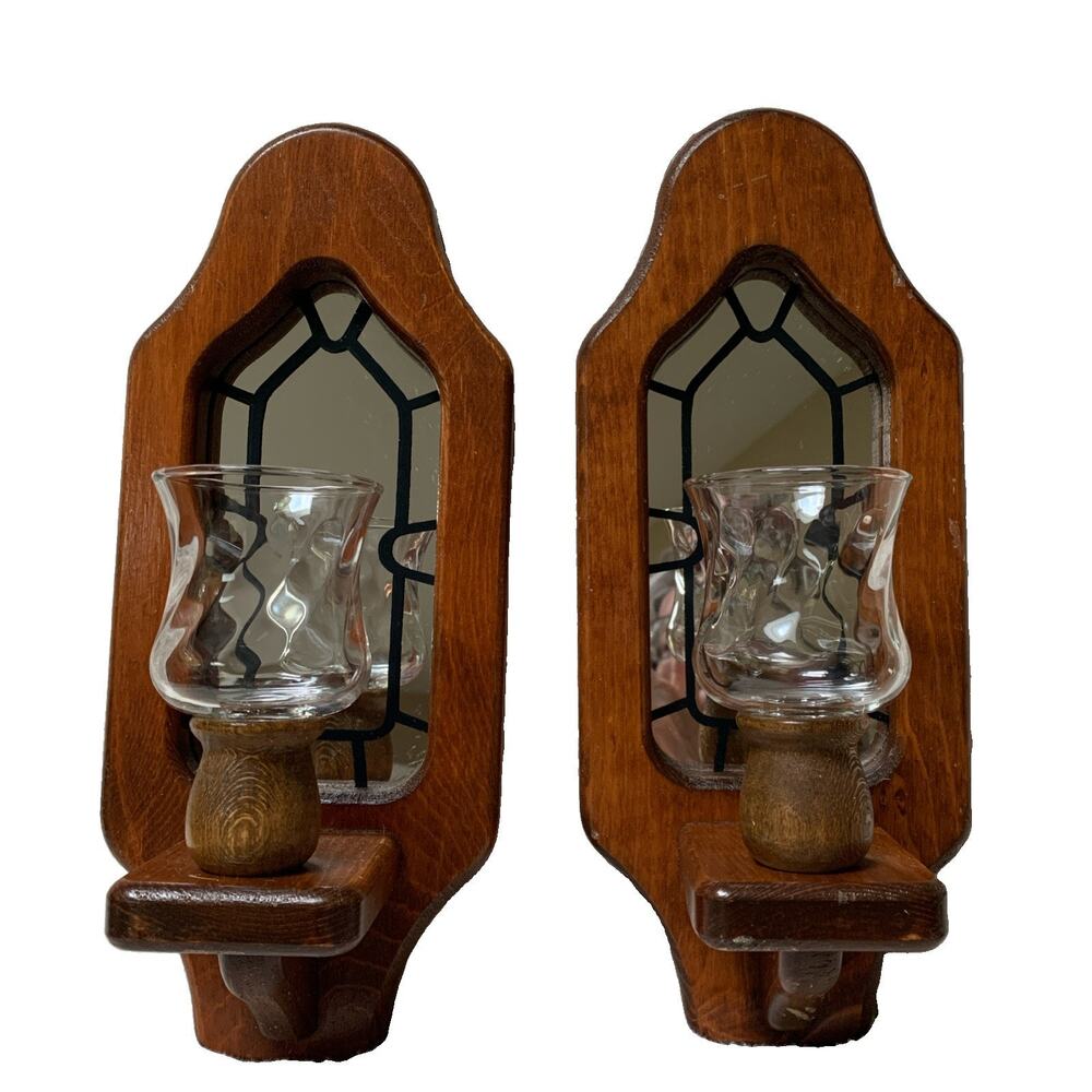 VTG Wood Wall Mirror Candle Sconces Pair Gothic Church Window Style 12” Votives